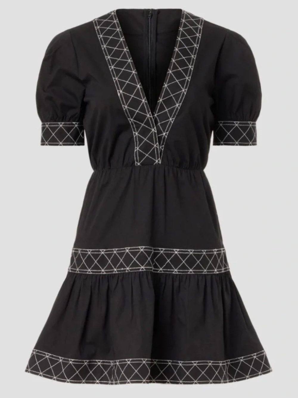 MILLY - “Stitch” Black Mini Sundress with Puff Sleeves and V-Neck - size 10